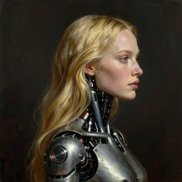 side view portrait of cyborg kate moss by albrecht durer, william warehouse, jan van eyck, concept art, craig mullins