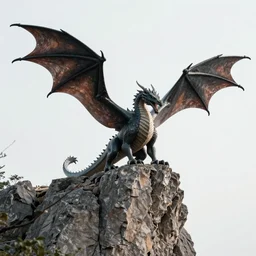 a large dragon with wings spread perched atop a rocky cliff, backlit by the setting sun, digital art, trending on artstation