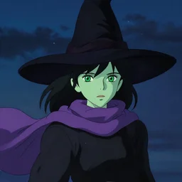 green female witch wearing a purple scarf, jet black hair, bright green eyes and pale greenish skin, simple black dress and black witch hat, detailed perfect face, mid view, design on a night sky background, by studio muti, style of yoshitaka amano greg rutkowski makoto shinkai takashi takeuchi studio ghibli