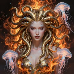 portrait of medusa gorgon. intricate, centered, amazing composition by amano yoshitaka, by rembrandt, illustrious makinami, digital art, digital painting, artstation trending, unreal engine, fractal flame, transparent jellyfish, transparent feathers, bio luminescent