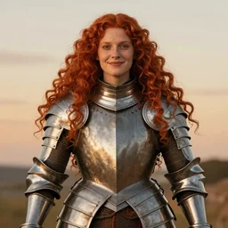 Symmetrical knight of symmetry. Thick Stocky red-haired holy woman with long curly symmetrical red hair. Plate armor. Cheerful. Art by William-Adolphe Bouguereau. During golden hour. Extremely detailed. Beautiful. 4K. Award winning.