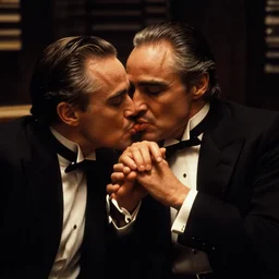 a man is kissing godfather's hand in a dark 70's style room