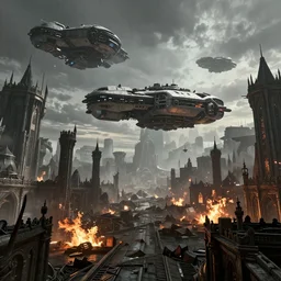 sci-fi spaceship in a cyberpunk medieval medieval city, rich contrast, sci-fi spaceships in sky, feeling of grimdark and gothic horror, explosions and fire, hyperrealistic, octane render, unreal engine, Cryengine 8k UHD