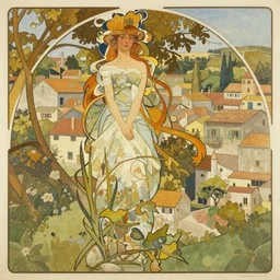 a beautiful picture of a little Sicilian town by Alphonse Mucha, trending on Artstation, warm colors scheme