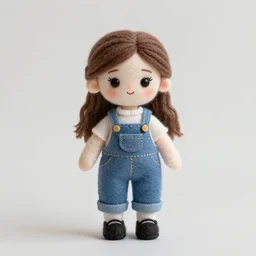 a cute elegant felt plush human girl doll wearing overalls detailed highly realistic