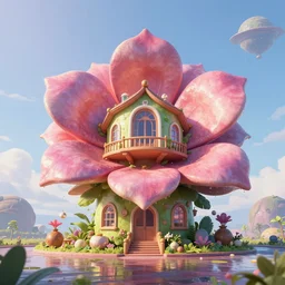 humongous technologic flower - shaped house on a alien planet, by pixar, smooth, cinematic, wet reflections, ray tracing x, rtx, smooth