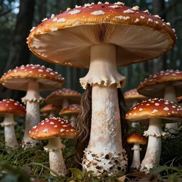 long haired man inside a massive mushroom field