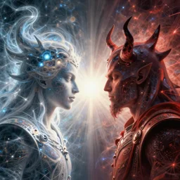 the armies of heaven and hell!!!! fantasy character portrait made of fractals facing each other!!!!!!!!!!!! ultra realistic, wide angle, intricate details, the fifth element artifacts, highly detailed by peter mohrbacher, boris vallejo, craig mullins