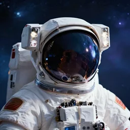 photorealistic scene of a astronaut helmet with light reflection and cosmos background, 8k, cinematic, epic