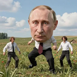 A highly detailed photorealistic full portrait of Vladimir Putin frolicking in the field by Banksy Simon Stalenhag and Thomas Kinkaid, Octane render, trending on cgsociety, HDR, 8K I cant believe how accurate this is