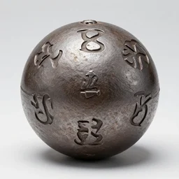 an iron ball with weird symbols engraved on it, the ball is on a pedestal. the light enter the room by a hole in the ceiling. henry cartier bresson.