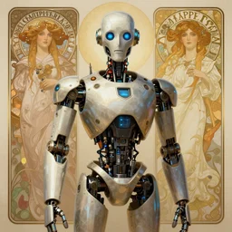 chappie robot from thr Chappie movie as God, fantasy, intricate, elegant, highly detailed, digital painting, 4k, HDR, concept art, smooth, sharp focus, illustration, art by alphonse mucha,artgerm, H R Giger