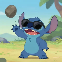 Stitch from (Lilo & Stitch) wearing sunglasses and throwing a rock.