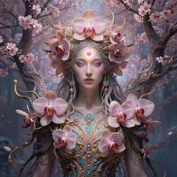 psychedelic organic shaman, made of orchids and cherry blossom trees, diffuse lighting, fantasy, intricate, glowing third eye, highly detailed, photorealistic, digital painting, artstation, beautiful woman, concept art, smooth, sharp focus, by john collier and albert aublet, by amanda sage, wallpaper
