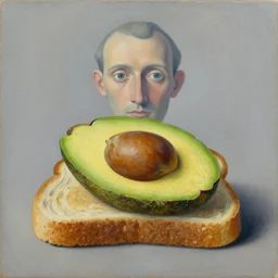 surrealistic avocado on toast by magritte, oil on canvas