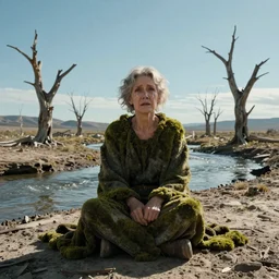 65-year-old moss-covered Gaia, crying one single tear, facing the camera and sitting on a dried up river in a desolate land, dead trees, blue sky, hot and sunny, highly-detailed, elegant, dramatic lighting, artstation, 4k, cinematic landscape, photograph by Elisabeth Gadd