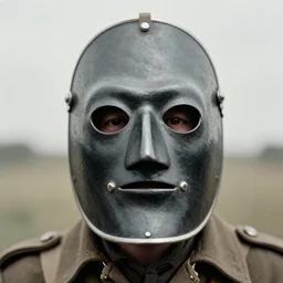 person wearing executioner mask, ww1 photo, grainy, high detail, high resolution, tehnicolor