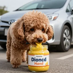 a closeup photorealistic photograph of a poodle eating from a jar of dijon mustard. toyota prius is in the background. professional capture. brightly lit scene. this 4 k hd image is trending on artstation, featured on behance, well - rendered, extra crisp, features intricate detail, epic composition and the style of unreal engine.