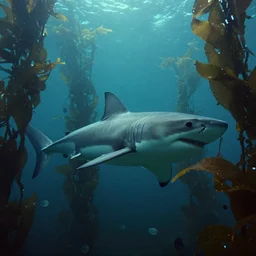 underwater image of a great white shark in a kelp forest, movie still, cinematic composition, mysterious, arri alexa, film