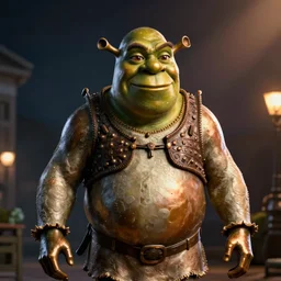 bronze statue of Shrek movie still, cinematic lighting, dramatic, octane render, long lens, shallow depth of field, bokeh, anamorphic lens flare, 8k, hyper detailed, 35mm film grain