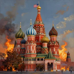 Beautiful award winning painting of Moscow on fire with an American flag on top of the Kremlin, extreme detail, trending on artstation 4k ultra HD