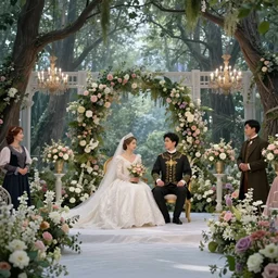 A fantasy historical 1900s Russian and Japanese mix taken of a royal wedding floral covered venue inspired by a enchanted ethereal forest.