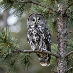 A beautiful render of a great grey owl perched on the branch of a pine tree