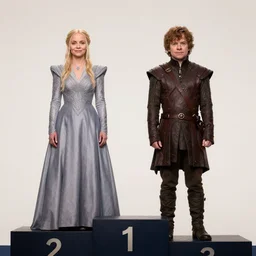 family feud faceoff podium with cersei lannister is on the left side and tyrion lannister is on the right side but he is too short to reach the podium, set photo, wide angle