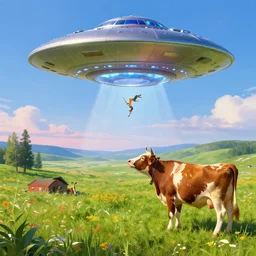 ufo wants to steal a cow, Bright colors, fantastic landscape, hyperrealism, no blur, 4k resolution, ultra detailed, style of Anton Fadeev, Ivan Shishkin, John Berkey
