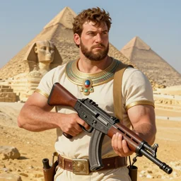 a slavic beefy man with a machine gun, an egyptian pyramid in the background, 4 k, sharp focus, illustration, highly detailed