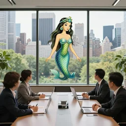 mermaid at a business meeting, 4 k, in high rise office, central park in new york city in the background behind the windows