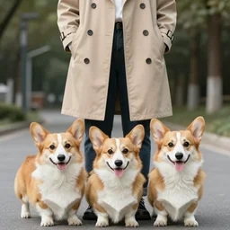 photo of three corgies in a trenchcoat pretending to be a human, photography, high quality, natural lighting,