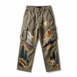 embroidered cargo pants, high detail macro photography, isolated on a pure white background, centered, entire object in frame, sharp focus, soft studio lighting