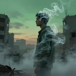 side view of a man made of swirling smoke and tendrils of fog, in an abandoned city, twilight colors and green, cinematic, highly detailed, digital painting, artstation, concept art, smooth, sharp focus, illustration