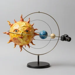 a kinetic sculpture of this solar system, sun, orrery, canon 5 d 5 0 mm lens, papier - mache, studio, circa 3 0 6 0