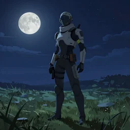 warframe standing in a field at night, night time, moonlight, dark blue sky, finely illustrated, highly detailed, colored pencil, good value control, good edge control, anime, animation, watercolor texture 8 k, segmented armor, segmented organic armor