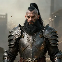 a d & d portrait of an armored goliath with face tattoos, sides of head shaved with black ponytail, black beard, art by deiv calviz, splash art, natural light, elegant, intricate, fantasy, atmospheric lighting, by greg rutkowski, hd wallpaper, ultra high details, cinematic composition, professional unique masterpiece