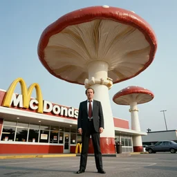 Michael Keaton standing in front of big large building Mcdonalds Restraunt gigantic fungus mushroom, one point perspective, cinematic, low angle ,wide angle 1981