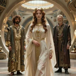 seductive science fiction byzantine noble wearing gauze robes in arcology, by alphonse mucha and greg rutkowski