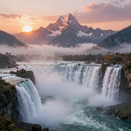 cascade of multiple gigantic niagara falls in the himalaya, epic mountains, dawn, sunrise colors, fantasy illustration, matte painting, concept art, low angle shot, volumetric lighting, volumetric atmosphere, morning mist, art by james gurney, unreal engine 5, 8 k
