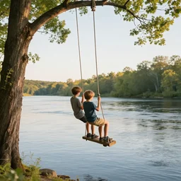 two boys on tree limb with rope swing above a river, new england setting, 4 k, golden hour