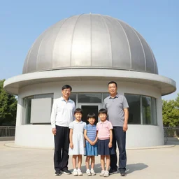 a family stand on front of a dome weather station