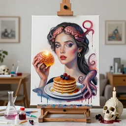 a women holding an electronic brain, sparks, honeycomb, easel, organic, femme, a portrait in a female art student's apartment, pancakes, berries, octopus, surgical supplies, skull, scientific glassware, art materials, candle dripping wax, berry juice drips, neo - expressionism, surrealism, acrylic and spray paint and oilstick on canvas