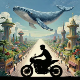space emperor in a motorcycle silhouette overlooking a multiversal otherworldly realm with flying mecha whale with chic streets and shops and lush volcanic garden and intricate luxurious scifi homes, allegorical style, by peter mohrbacher, jeremy mann, francoise nielly, van gogh, ross tran, beautiful, award winning scenery
