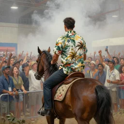 a man with short dark hair, wearing a hawaiian shirt, riding a horse in the fog, entering a crowded convention center with hundreds of people cheering, epic, oil painting, hyper realistic,