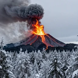 landscape photo by marc adamus, a volcano erupting lava, fire and ash on an ice covered forest, incredible detail