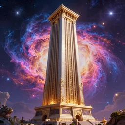 one large on base majestic rectangular upright magic tower, highly detailed cosmic background, a dash of magic, vibrant color palette, trending on artstation, digital art