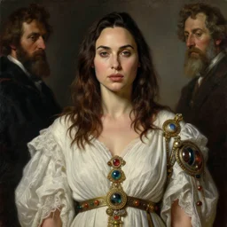 Oil painting the beautiful woman Gal Gadot, she has withe old cloths, she is wearing surreal ornates, naturalism, dramatic lighting, high-detailed oil painting by Ilya Repin, Michelangelo da Caravaggio, William Blake, Alex Grey and Beksinski, trending on Artsatio, masterpiece, 4k, 8k