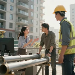 Award-winning photograph of an office worker arguing with a construction worker about pipes with an apartment complex on the background, god rays, cinematic, 8k, Unreal Engine render