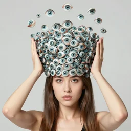 a woman with many eyes using her head to catch  trash Mark Ryden and Alex Gross, Todd Schorr highly detailed